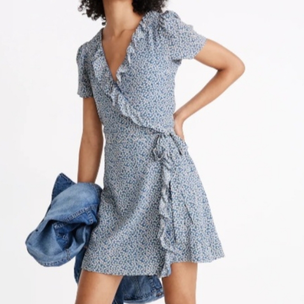 Madewell Women's Blue Floral Silk Ruffle Wrap Tie Waist Mini Dress. Size M